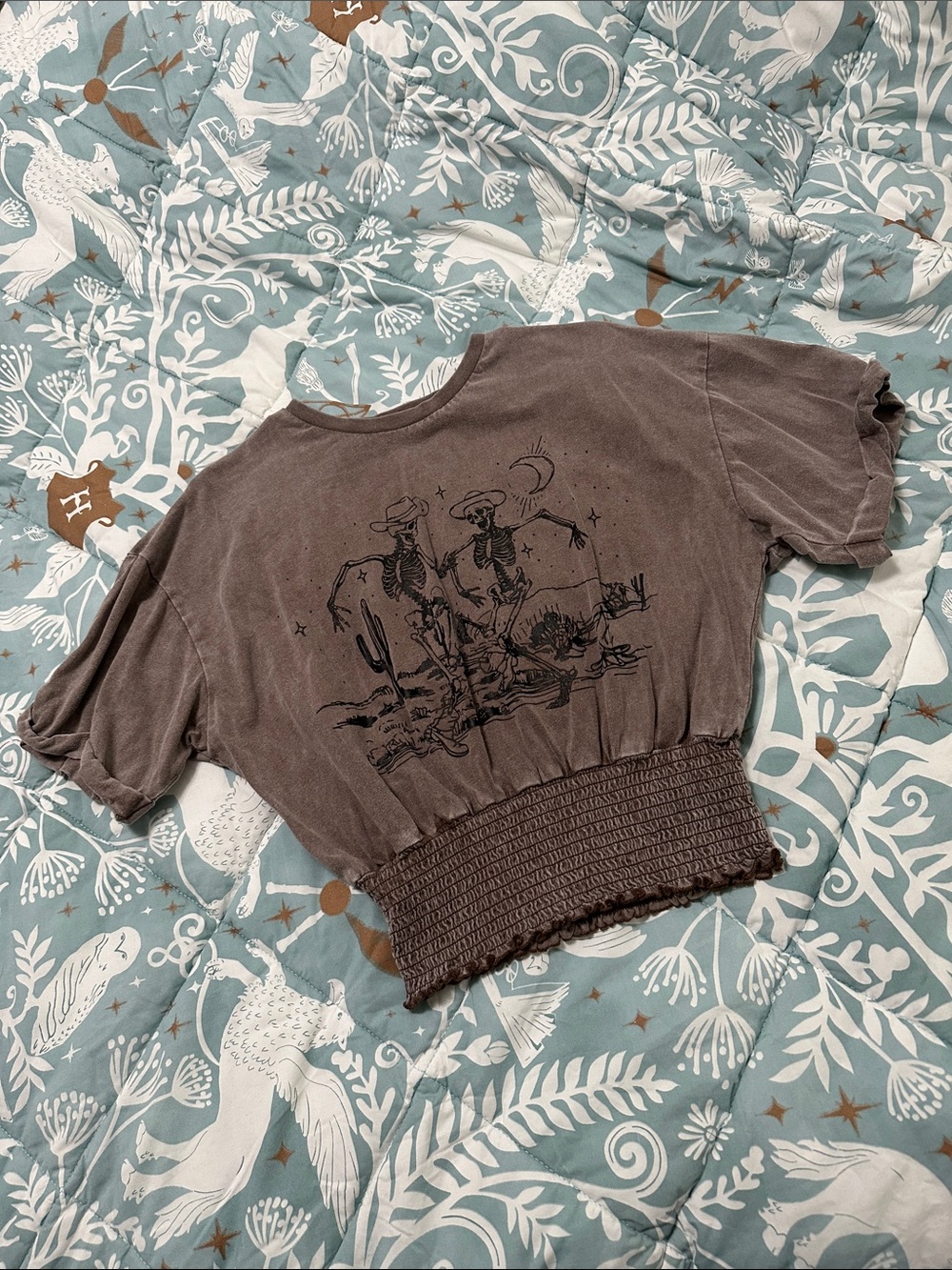 Cropped Washed Brown Graphic Tee with Smocked Waist